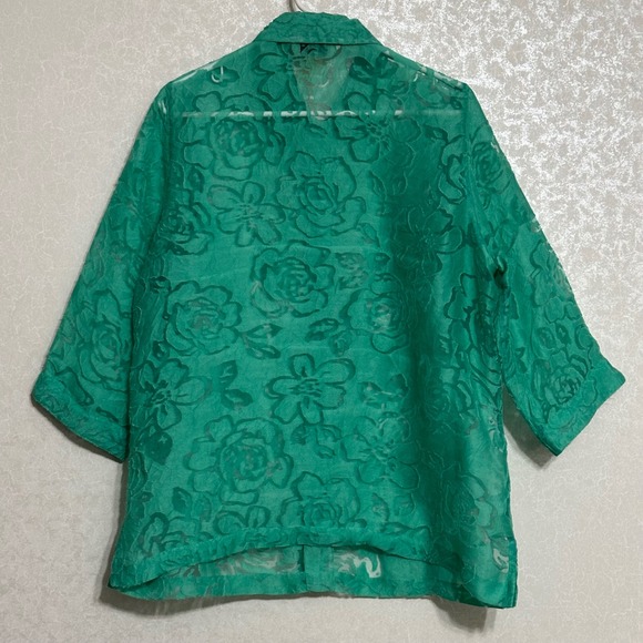 Allison Daley Green Floral Burnout Pattern Sheer 3/4 Sleeve Button Up Shirt 14 - Picture 2 of 5